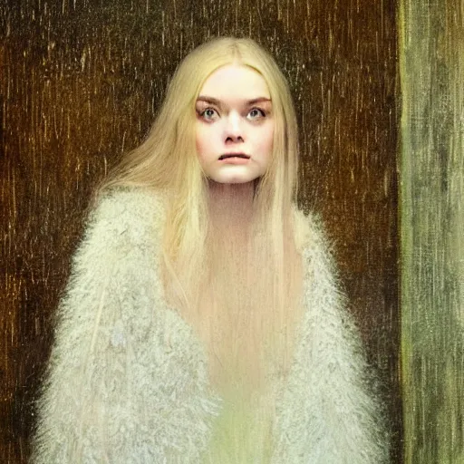 Prompt: professional painting of Elle Fanning in the style of John Atkinson Grimshaw, head and shoulders portrait, symmetrical facial features, smooth, sharp focus, illustration, intricate, stormy weather, extremely detailed masterpiece,