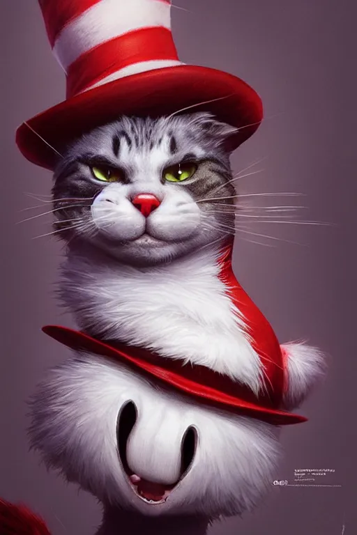 Image similar to complex 3 d render, hyper detailed, ultra sharp of the cat in the hat, scary, cinematic, natural soft light, rim light, art by greg rutkowski and artgerm and dr seuss