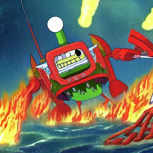 Image similar to plankton piloting a giant robot destroying the krusty krab, episode, detailed, 4 k, fire, awesome, favorite