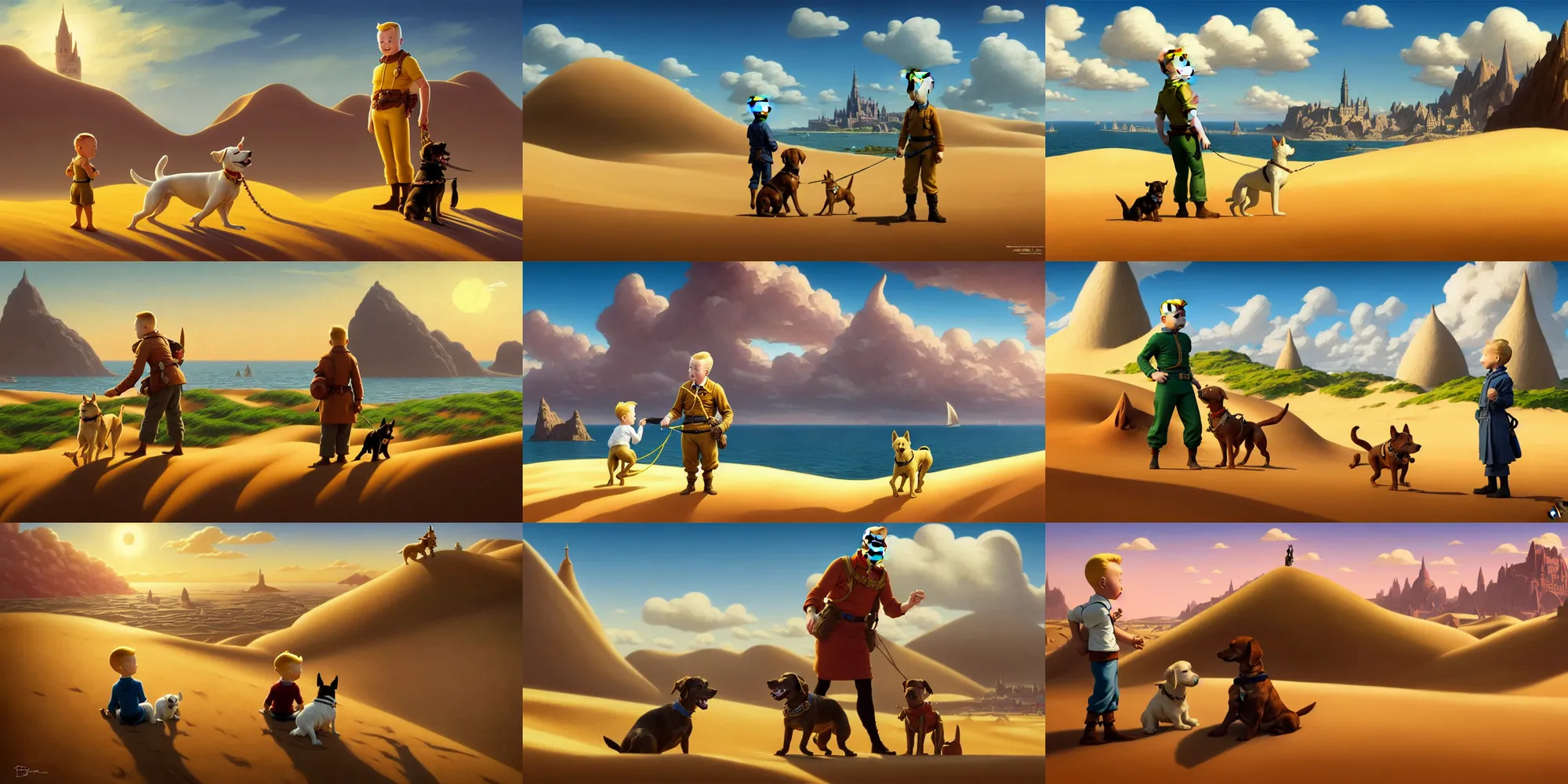 Prompt: tintin with his dog on a sand dune, realistic, female, city in background, d & d, fantasy, intricate, elegant, highly detailed, digital painting, artstation, octane render, concept art, matte, sharp focus, illustration, hearthstone, shallow depth of field, dramatic lighting, art by artgerm and greg rutkowski and alphonse mucha