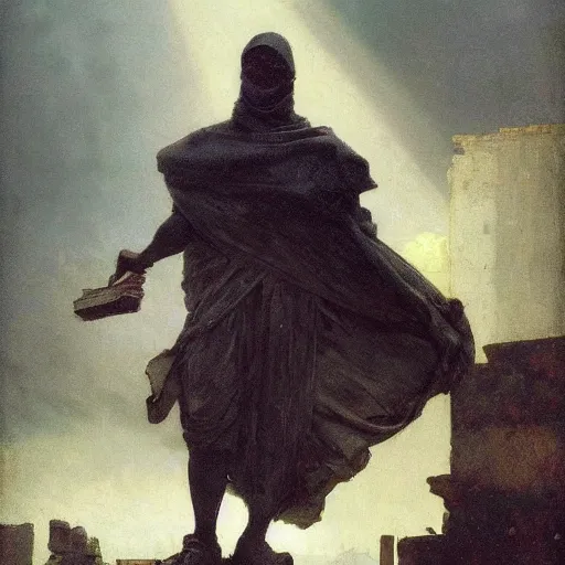 Image similar to half portait of magican wearing a closed cowl and big old book! chained to the wrist, jeremy mann, jean - leon gerome, tiepolo, alphonse mucha, greg rutkowski, face in the shadows, ( ( ruins of ancient rome ) ), at dusk, mysterious atmosphere, sunrays, dof, high detailed, 8 k