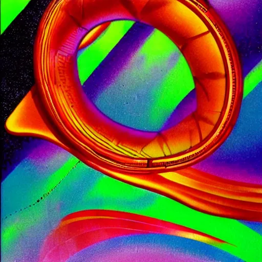 Prompt: nineteen eighties airbrushed portrait of a chrome mobius strip, magazine illustration, vintage, airbrush, bright colors, stylized, neon, retro, science, omni, high detail