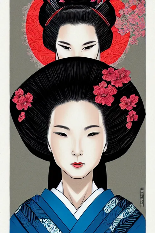 Image similar to a portrait of a japanese geisha, drawn by robbie trevino and dan mumford, poster, digital art, comic art, concept art, single head, no double head,