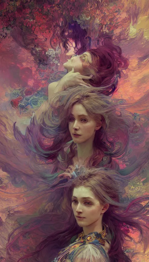 Prompt: illustration studio portrait of spacepunk three beautiful seraphim female energy in artistic poses in nature, monet painterly motives and textures pattern, hyper detailed, octane render, vivid colors, artstation, by jeremy mann, by alphonse mucha, by monet