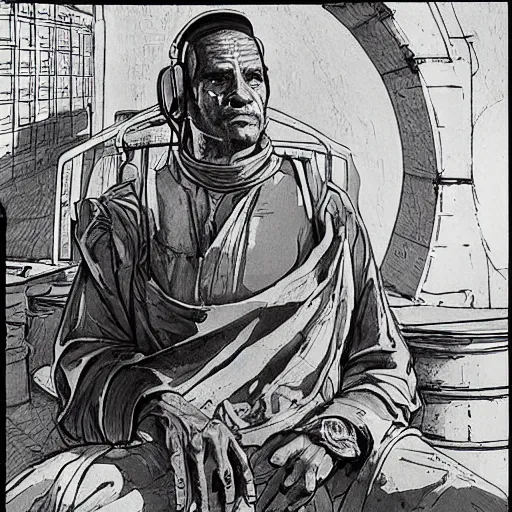 Image similar to Hosea the Beggar priest with cybernetic headset in a busy spaceport on Poseidon 5 colony. Gritty Concept art by James Gurney and Mœbius.