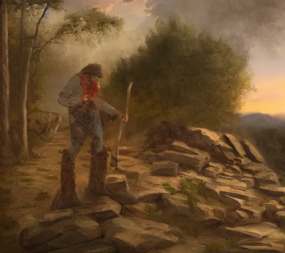 Image similar to landscape portrait of tyler childers working on a building out of hand hewn brimstone, all alone by william sidney mount, trending on artstation