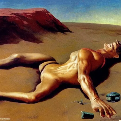 Image similar to a man laying on a Martian beach, frank frazetta