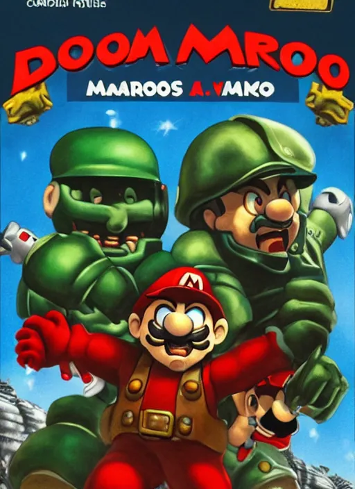 Image similar to Doomguy vs Mario, movie cover art