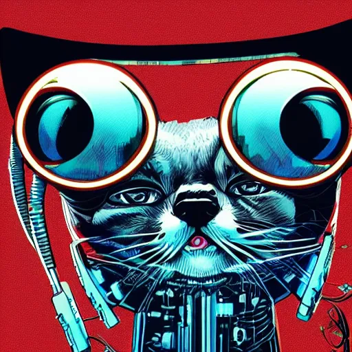 Image similar to Illustrated by Shepard Fairey and Moebius | Cyberpunk cute kitty with VR helmet, surrounded by cables