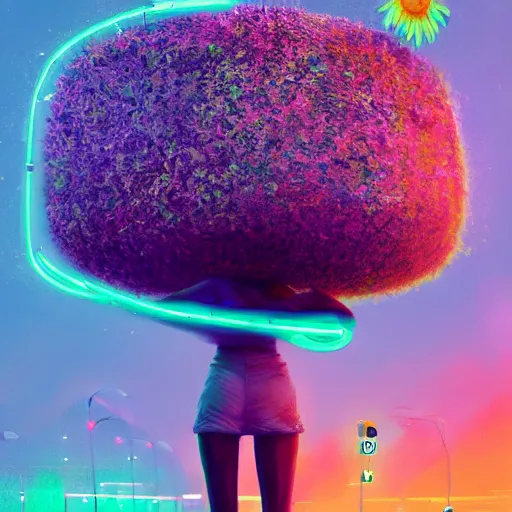 Image similar to giant daisy flower head, woman walking in a modern city with neon, surreal photography, night, dark, stars, impressionist painting, digital painting, artstation, simon stalenhag