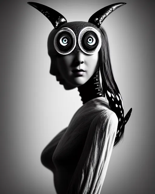Image similar to surreal mythical dreamy dark artistic black and white fine art 3 / 4 portrait photo of a young delicate female robot with orchid - owl face, rim light, cinematic, studio dramatic light, poetic, octane render, 8 k, photo - realistic by hg giger