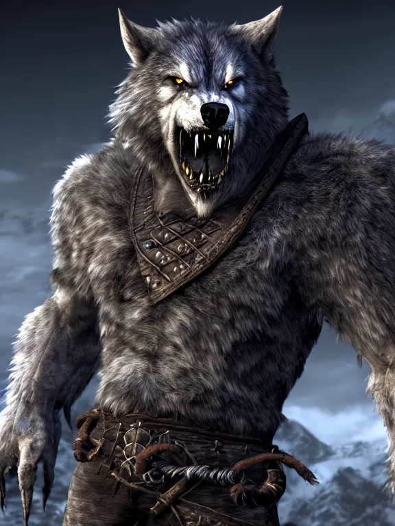 Image similar to cute handsome cuddly burly surly relaxed calm werewolf from van helsing unreal engine hyperreallistic render 8k character concept art masterpiece screenshot from the video game the Elder Scrolls V: Skyrim