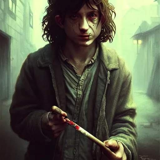 Image similar to Drug addict hobbit smoking crack in a dark alley, ultra realistic, concept art, intricate details, eerie, highly detailed, photorealistic, octane render, 8k, unreal engine, art by artgerm and greg rutkowski and alphonse mucha