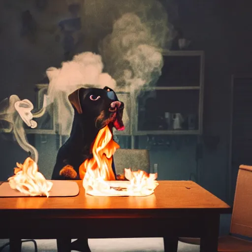 Image similar to a photograph of a room on fire, an human-like relaxed dog sitting at a table, ☕ on the table, surrounded by flames, a lot of flames behind the dog, smoke under the ceiling