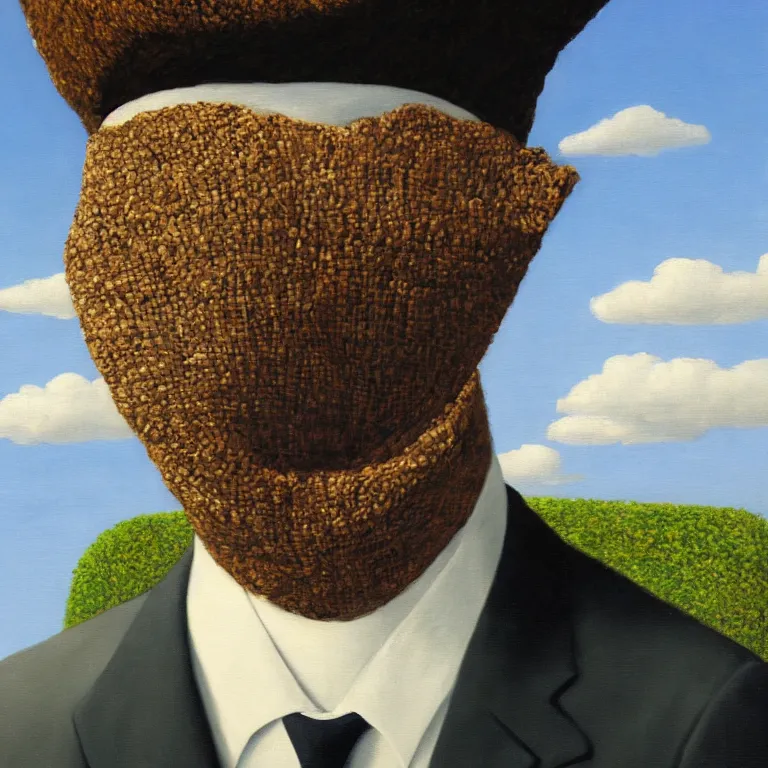 Image similar to portrait of a faceless burlap sack - head man in a suit, clouds in the background, by rene magritte, detailed painting, distance, centered, hd, hq, high resolution, high detail, 4 k, 8 k