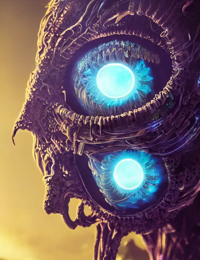 Image similar to eye of god macro close - up portrait with mask made of ram skull. betta fish, jellyfish phoenix, bioluminiscent, plasma, ice, water, wind, creature, super intricate ornaments artwork by tooth wu and wlop and beeple and greg rutkowski