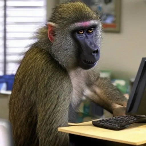 Prompt: a baboon angrily shouting at his computer screen because he got wrecked at call of duty in the office