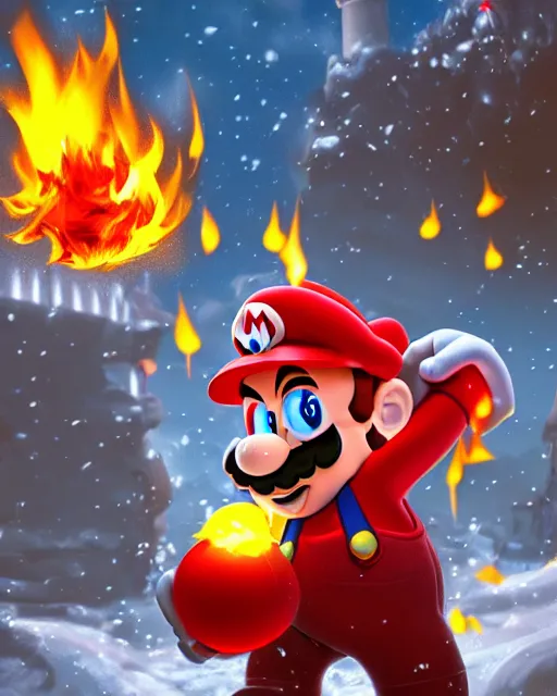 Prompt: Super mario in the world of Diablo, throwing fireballs, winter, blizzard