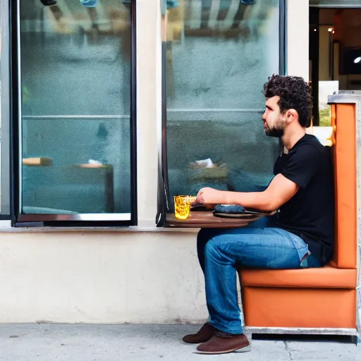 Prompt: a man sitting outside a restaurant with his tv, friend is angry,