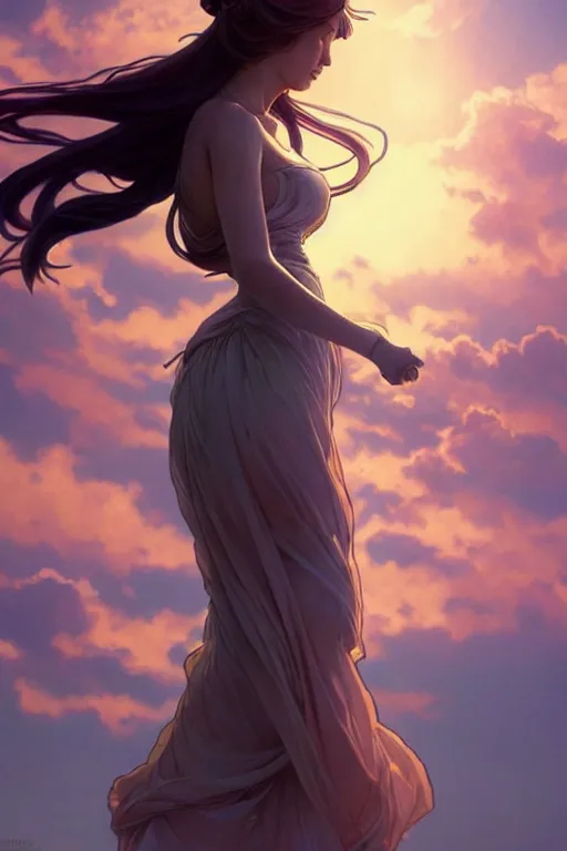 Image similar to full body falling through the sunset sky windy hair zero gravity floating seductive meditation goddess in the style of artgerm, wlop, greg rutkowski, alphonse mucha and ayami kojima, realistic details, volumetric lighting, very very very very beautiful symmetrical face, trending on artstation, artstationhd, artstationhq, unreal engine, 4 k, 8 k