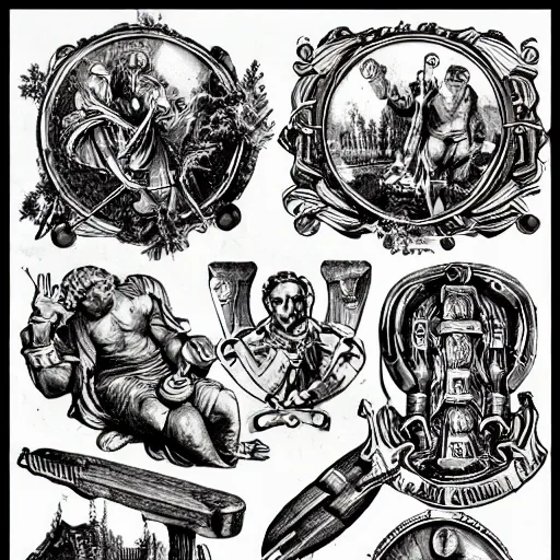 Image similar to sledgehammer iconography engraving ornaments alchemy ink