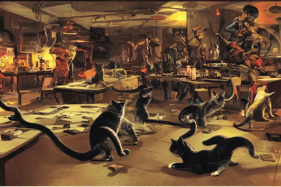 Prompt: cats rolling dice with rats, neon basement, by syd mead