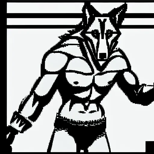 Image similar to full body antropomorphic muscular masculine wolf. kickboxer. wolf head. furr. 1 6 bit sega graphics. retrowave