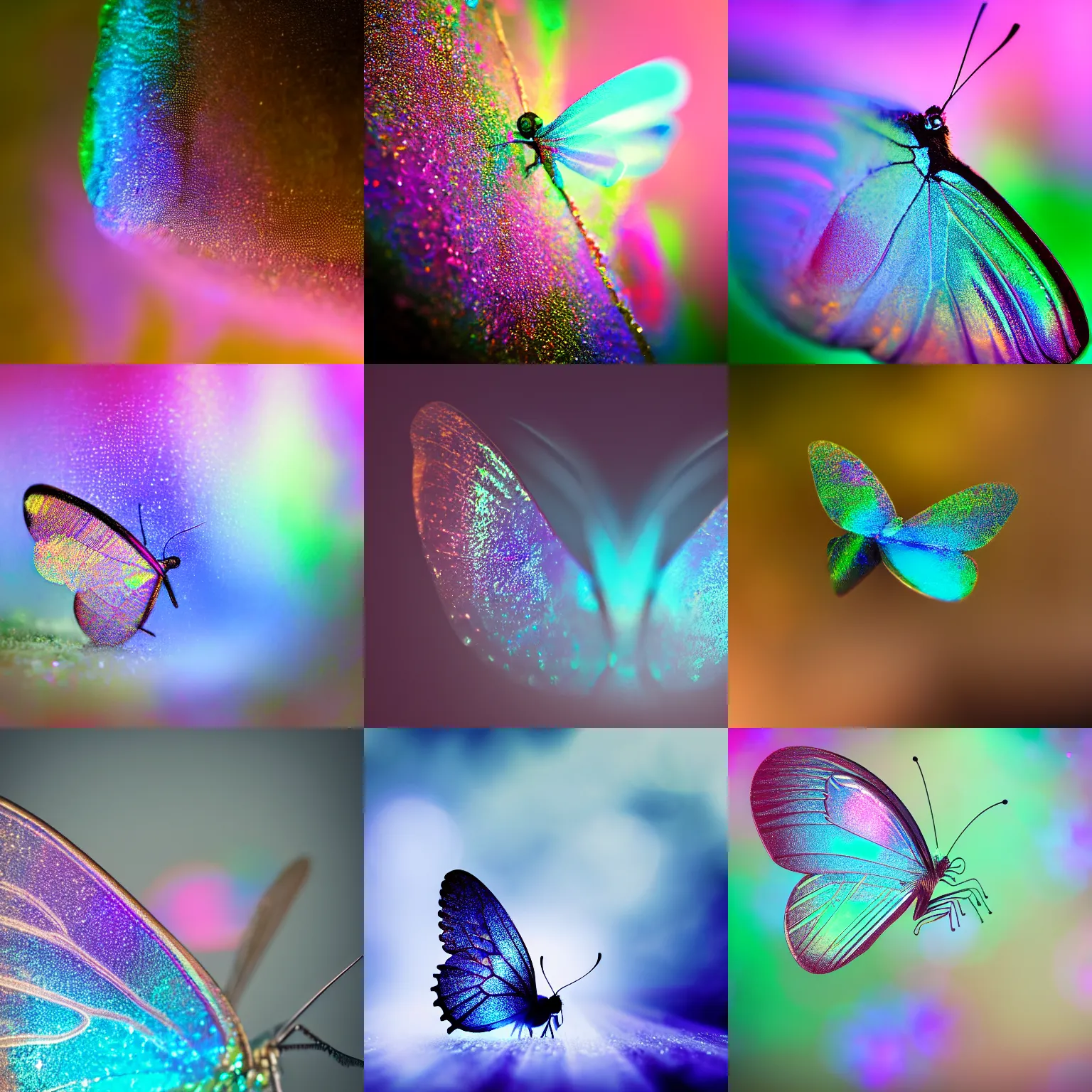 Prompt: macro phototography of an iridescent sparkling butterfly, depth of field, bokeh, magical, glowing fog, trending on artstation