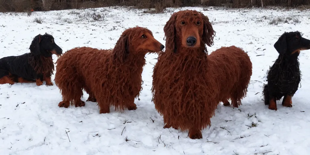 Prompt: Giant woolly dachshunds, in snow