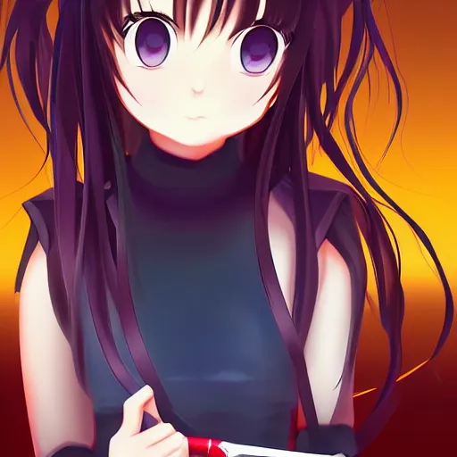 Image similar to portrait of a cute girl holding a knife, anime digital art,