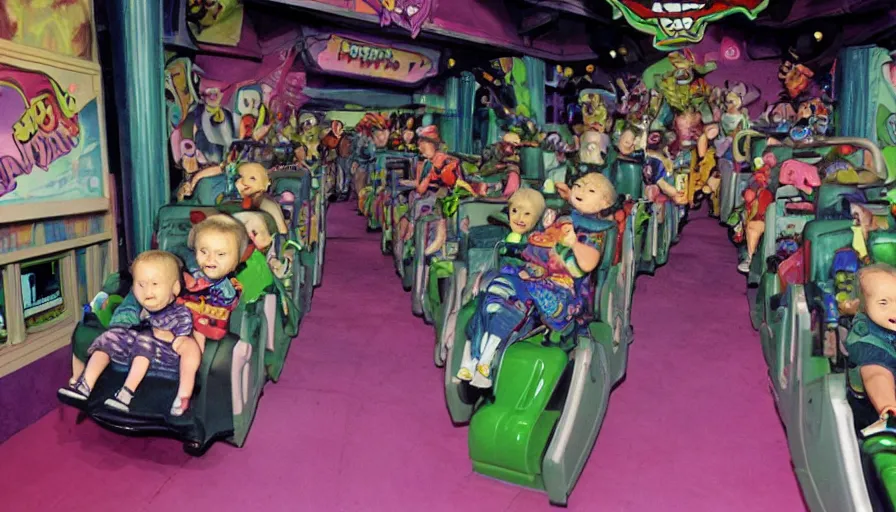 Image similar to 1990s photo of inside the Rugrats show ride at Universal Studios in Orlando, Florida, children riding in baby walkers battling Reptar, cinematic, UHD