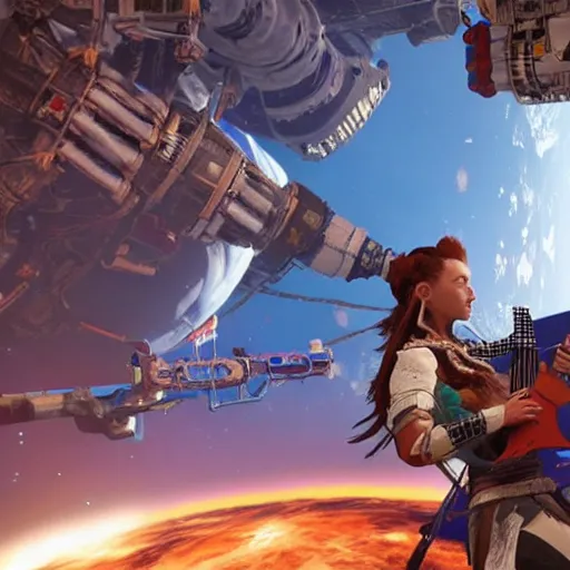 Prompt: aloy from the horizon zero dawn videogame playing the guitar in the international space station