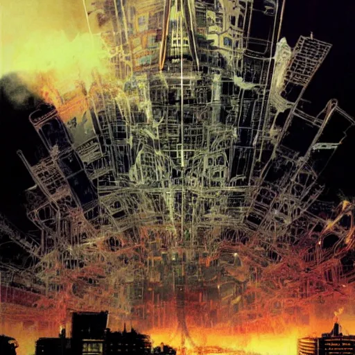 Image similar to a full - metal irisdiscent hindenburg accident, santiago of chile skyline, andes, the city is on pixeled fire from a fragmented wired reality, game poster by yoji shinkawa, esao andrews, yoshitaka amano and ryuichi sakamoto