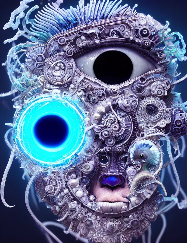 Image similar to eye of god macro close - up portrait with mask made of ram skull. betta fish, jellyfish phoenix, bioluminiscent, plasma, ice, water, wind, creature, super intricate ornaments artwork by tooth wu and wlop and beeple and greg rutkowski