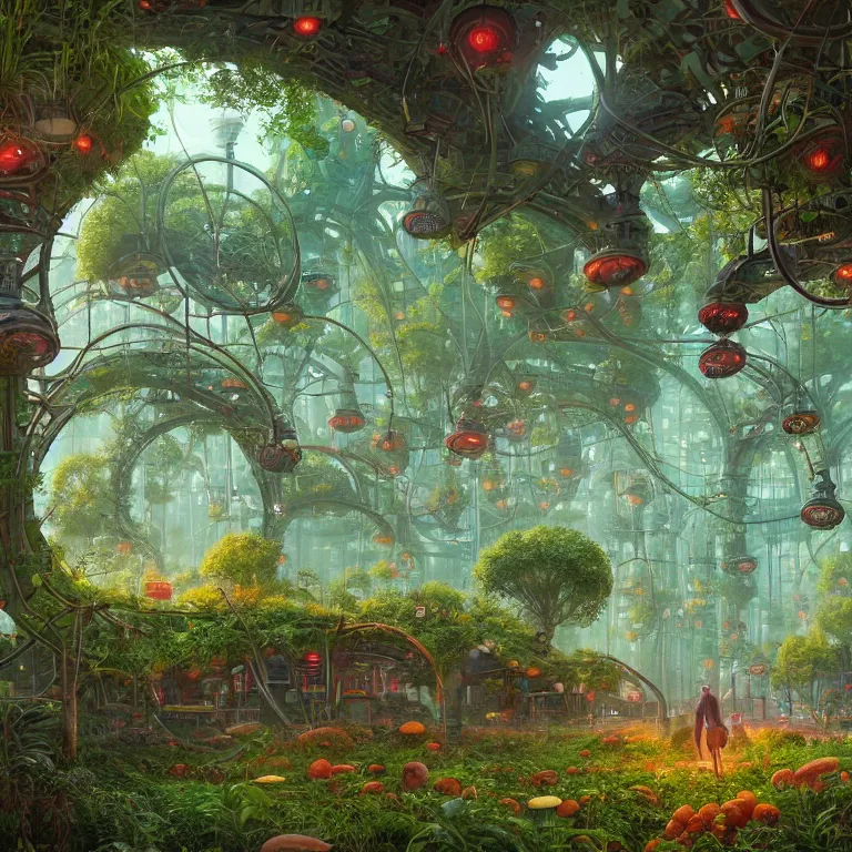 Prompt: a circle portal structure built out of plants and mushrooms ,trees, curves, arches, bright cyberpunk glow, epic surrealism, forest green, orange, lime green, dull red, pale blue, Detailed digital matte painting in the style of simon stalenhag, Greg Rutkowski and Greg Hildebrandt artstation