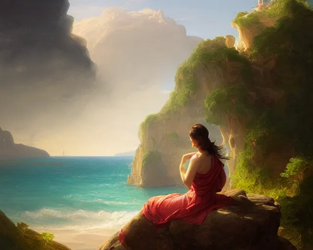 Image similar to an oil painting of a woman sitting on a rock overlooking an island, a digital painting by thomas cole, cgsociety, metaphysical painting, 2 d game art, storybook illustration, detailed painting