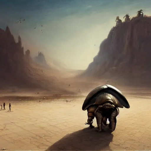 Prompt: giant rhinoceros beetle carrying a merchant's city on its back walking through a desert, panorama, oil painting, by greg rutkowski