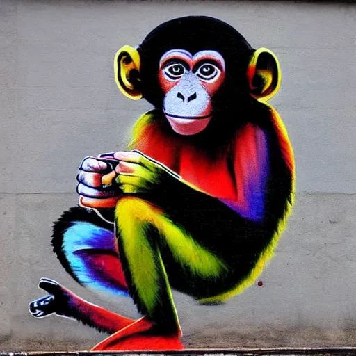 Prompt: monkey showing a pen towards the camera, by eduardo kobra