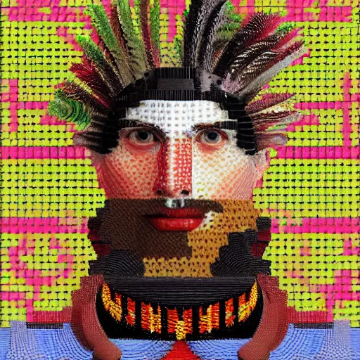 Image similar to portrait photo of a man with Iroquois made from video card parts pixels and voxels and computers, Perfect face, extremely high details, realistic, by Giuseppe Arcimboldo, Edward Hopper, Rene Margitte