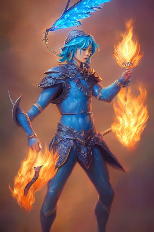 Image similar to legendary fairy prince hold flame staff, blue energy, highly detailed, d & d, fantasy, highly detailed, digital painting, trending on artstation, concept art, sharp focus, illustration, global illumination, ray tracing, realistic shaded, art by artgerm and greg rutkowski and fuji choko and viktoria gavrilenko and hoang lap