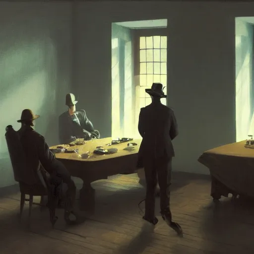 Image similar to covert shadow figures of men in a dark room with a chequered floor conversing around a table in secrecy, moody and atmospheric, dramatic scene, dimly lit room, cgsociety, 8k resolution, trending on artstation, octane render by Quint Buchholz, Pieter Claesz and edward hopper