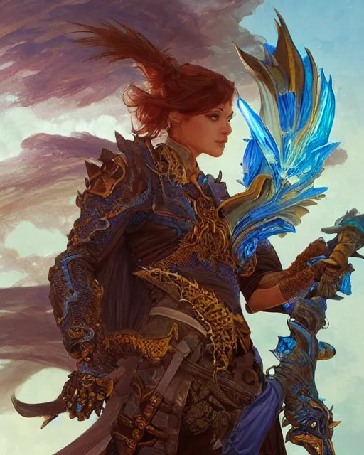 Image similar to Portrait of a Fantasy azure dragon hunter, HD, illustration, epic, D&D, fantasy, intricate, elegant, highly detailed, digital painting, artstation, concept art, smooth, sharp focus, illustration, art by artgerm and greg rutkowski and alphonse mucha, monster hunter illustrations art book