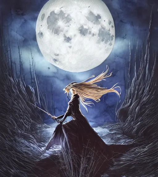 Image similar to book cover art, female dark witch in front of the full big moon, watercolor, dramatic lighting, cinematic, establishing shot, extremely high detail, foto realistic, cinematic lighting, pen and ink, intricate line drawings, by Yoshitaka Amano, Ruan Jia, Kentaro Miura, Artgerm, post processed, concept art, artstation, matte painting, style by eddie mendoza, raphael lacoste, alex ross