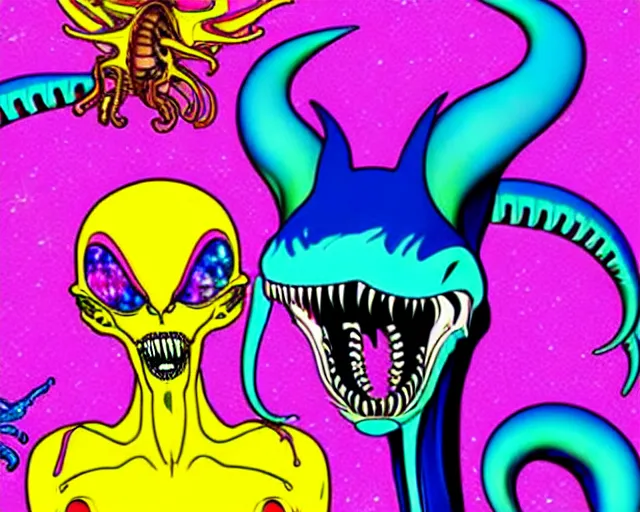 Image similar to lisa frank's xenomorph buffet