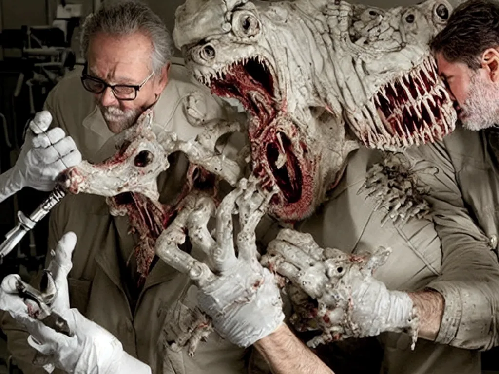 Image similar to movie still b - grade horror film budget production dentist wearing a facemask drilling the teeth of a very scary dangerous biomechanical crocodile creature made of bone, bulging wide eyes, wes craven stanley kubrick david cronenberg george a romero guillermo del toro sharp focus