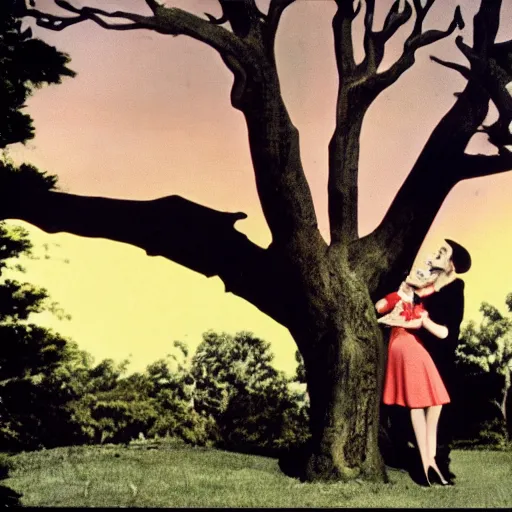 Image similar to 1 9 3 9 technicolor movie still of vampire under a big tree in the sunset, biting scarlet o'hara's neck as she swoons. he is wearing a black cape with a high collar and he is pale.