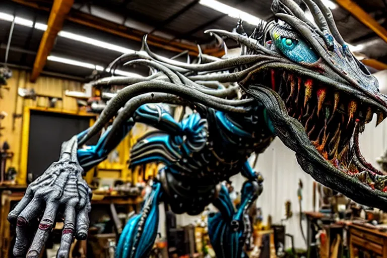 Image similar to wide angle photo taken of an epic intricate, ultra detailed, super realistic gritty, hero prop, exquisitely painted animatronic movie prop of a lifelike sculpture of a nightmarish creature displayed in the workshop, created by weta workshop, full body shot, photorealistic, sharp focus