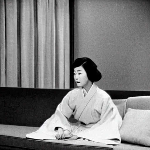 Image similar to The 1960s actress Choi Eun-Hee in a hanbok sitting on a couch, the room is dimly-lit and a starfish\'s arm reaches through the window, minimal cinematography by Akira Kurosawa, movie filmstill, 1950s film noir, thriller by Kim Jong-il and Shin Sang-ok, abstract occult epic composition