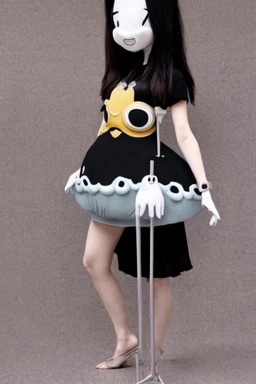 Image similar to 35mm of a very cute, minimal, adorable and creative Japanese mascot character costume, full body and head view, very magical and dreamy, designed by Gucci,kawaii, magical details