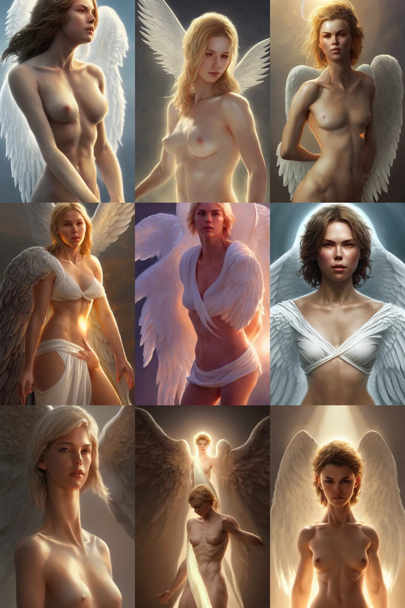Prompt: chalize theron as a heavenly angel, anatomy, bathed in light, highly detailed, photorealistic, artstation, smooth, sharp focus, illustration, disrobed, unreal engine 5, 8 k, art by artgerm and greg rutkowski and edgar maxence